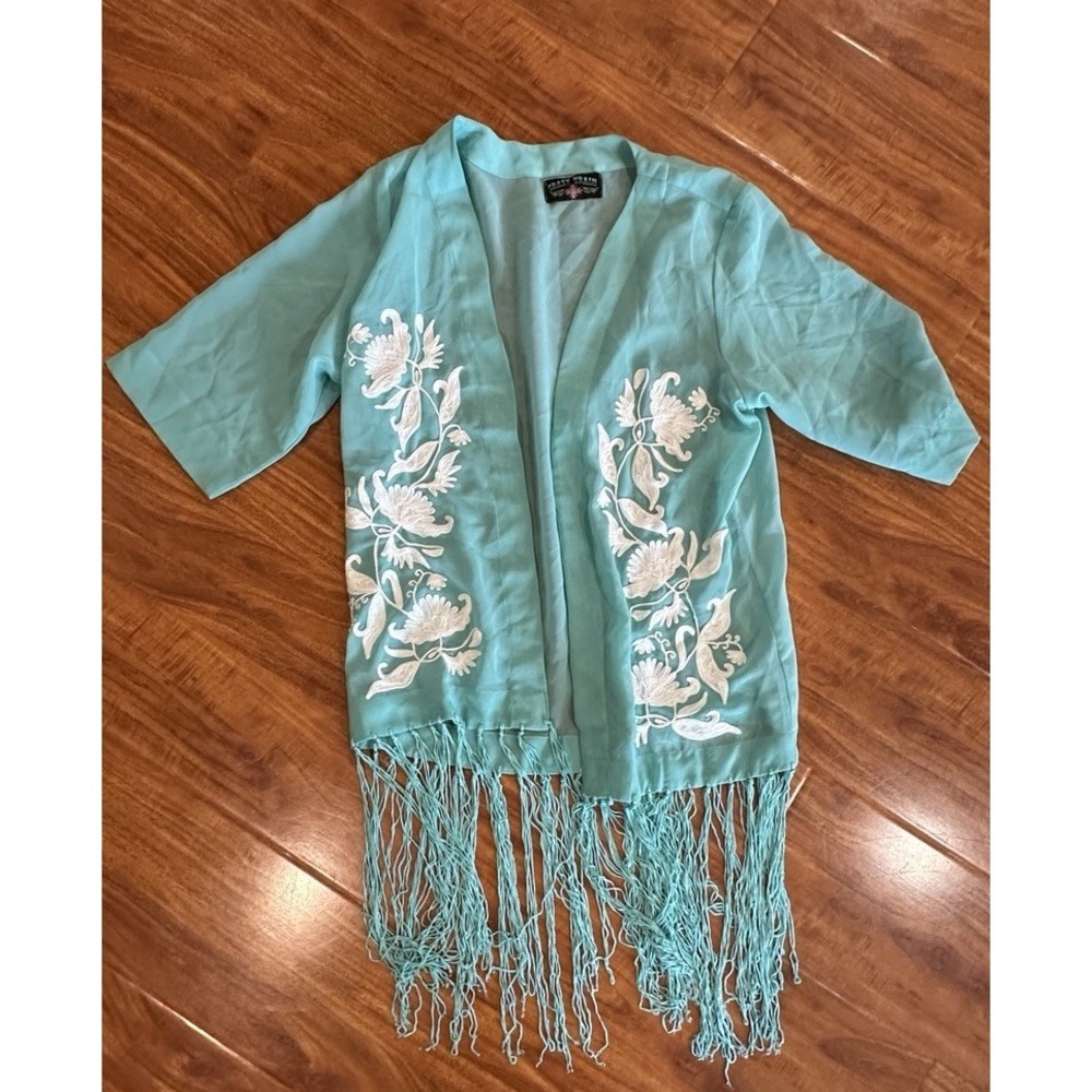 Crazy Train Sheer Open Wrap Top Fringe Western Embroidered Aqua White One Size
